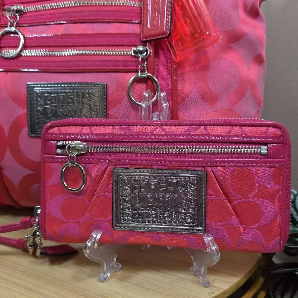 Coach Hot Pink Op Art C Signature Tote Bag and Wallet